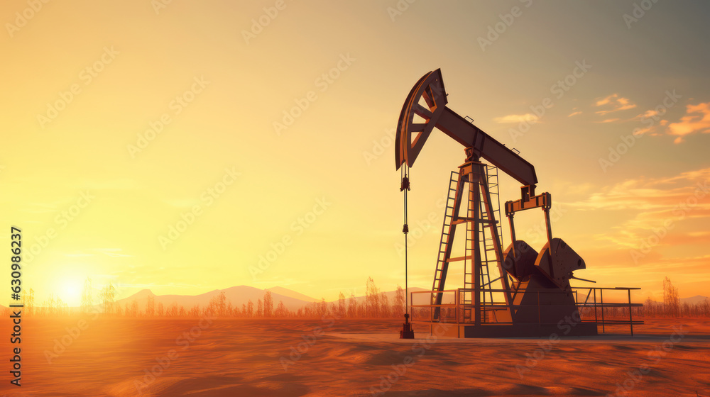 Crude oil pumpjack rig on desert silhouette in evening sunset Crude oil pumpjack rig on desert silhouette in evening sunset