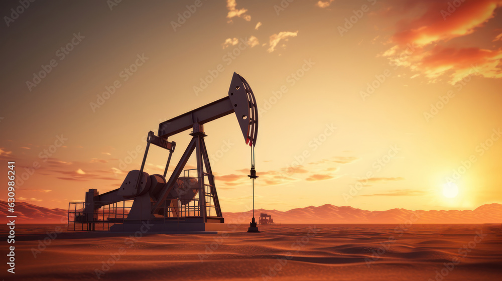 Crude oil pumpjack rig on desert silhouette in evening sunset Crude oil pumpjack rig on desert silhouette in evening sunset