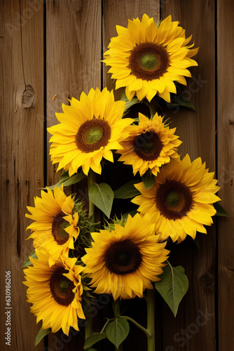 Vibrant bouquet of sunflowers against a rustic wooden backdrop, creating a contrast of colors and textures.