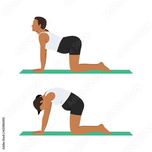 Pregnant woman practice Cat Cow Pose to meditation smile with big belly comfortable and relax,Pregnancy woman breathing and calm with yoga. Flat vector illustration isolated on white background
