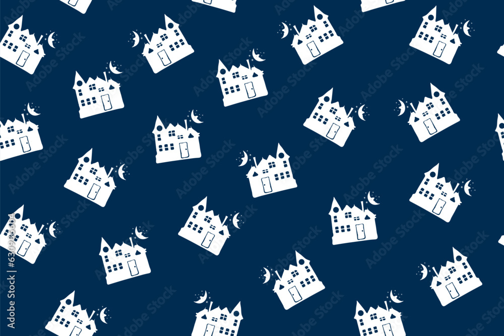 Creative seamless pattern for decoration. Spooky cartoon houses. Dark blue background. Vector illustration.