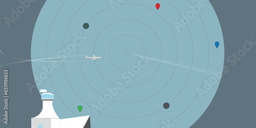 Air traffic control tower radar facility cartoon composition with passenger aircrafts landing or takeoff, vector illustration	
