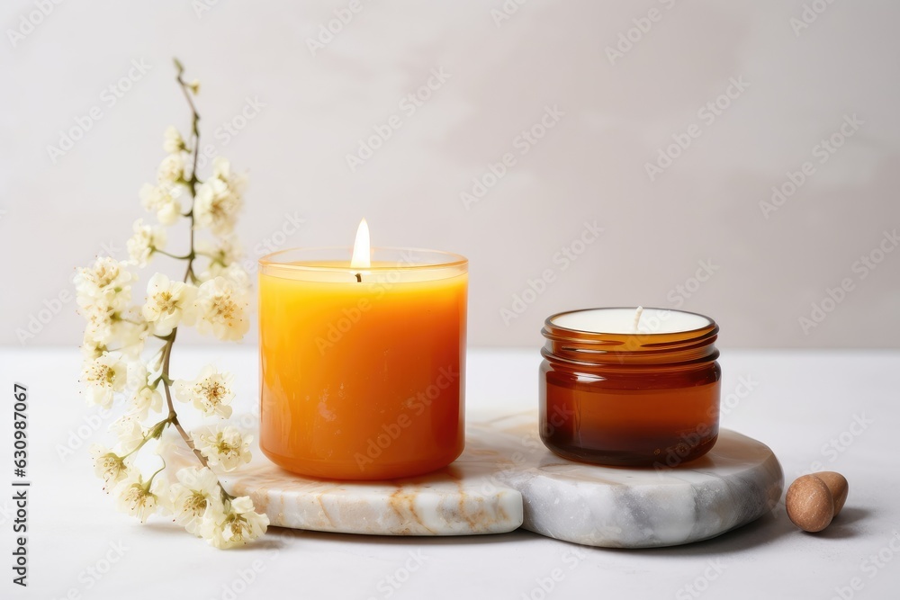 Burning scented candle in a glass jar.