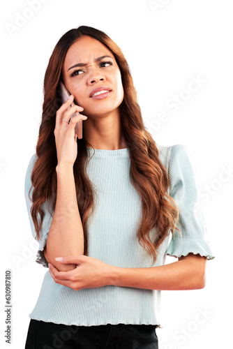 Принти на полотні Contact, confused and annoyed with woman and phone call on png for news, doubt and problem