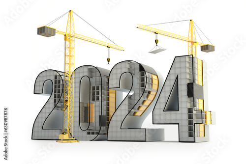 New Year 2024 and cranes, construction concept, 3D illustration