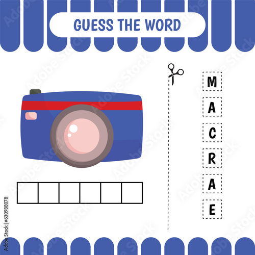 Guess the word educational learning game for preschool kids.  Camera. Activity page. Word puzzle. Developing worksheet.