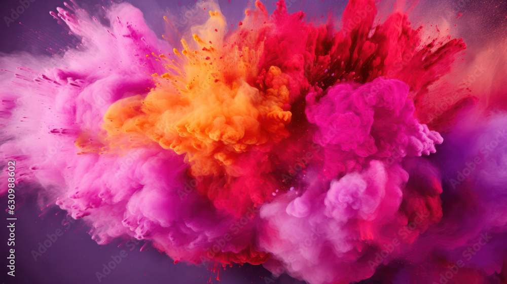 Holi paint splash, pink, purle, red, orange color. Abstract colorful background. 