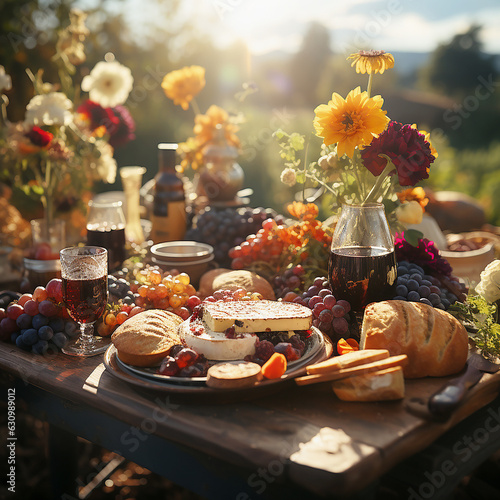 Late summer outdoor picnic with delicious snack of cheese, grapes, buns and wine on wooden tray with flowers bunches at blurred nature background at sunny day. Generative Ai