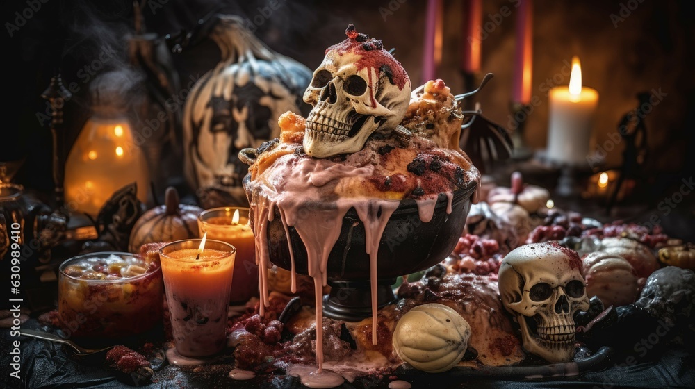 the grotesque halloween sundae: a chilling dessert adventure filled with skulls, pumpkins, and candles that unveils a culinary horror story for the brave and curious. Ai Generated - obrazy, fototapety, plakaty 