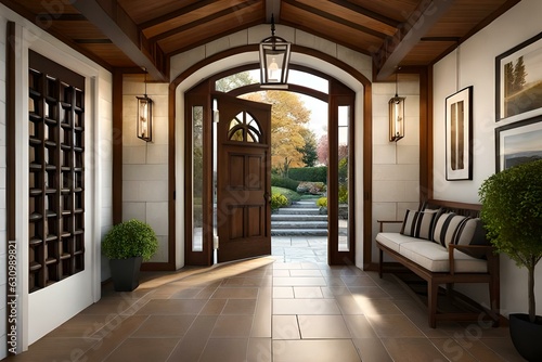 Design an inviting Tudor entryway with a decorative arched door a lantern style pendant light and stone steps leading up to the entrance © Arqumaulakh50