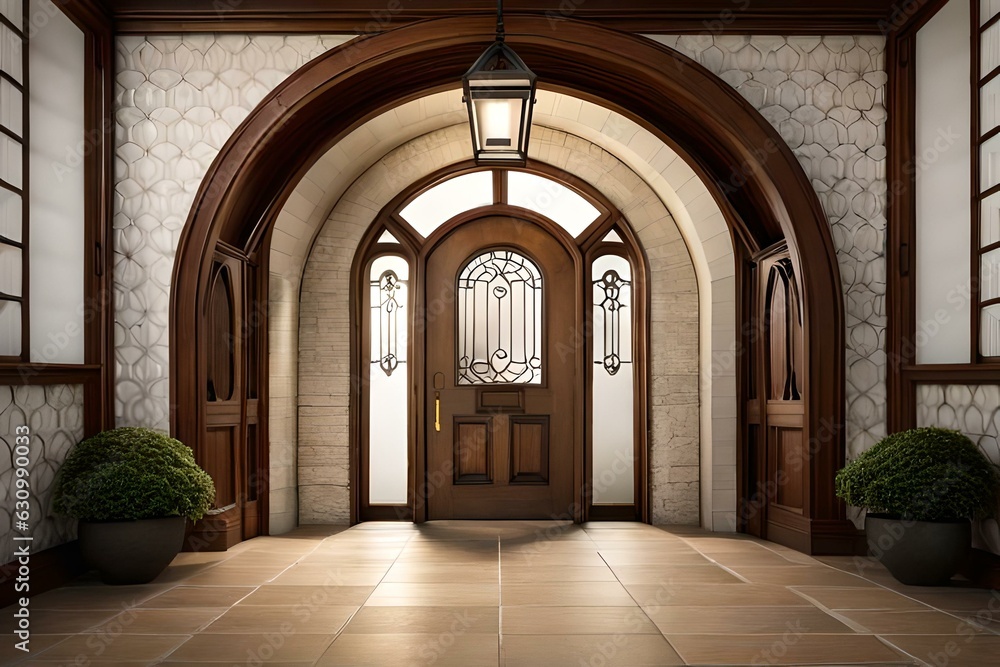 Design an inviting Tudor entryway with a decorative arched door a lantern style pendant light and stone steps leading up to the entrance