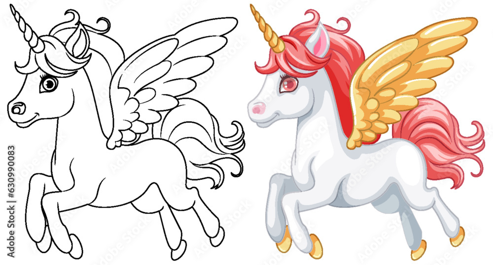 Coloring Page of Cute Unicorn with Wings Stock Vector | Adobe Stock