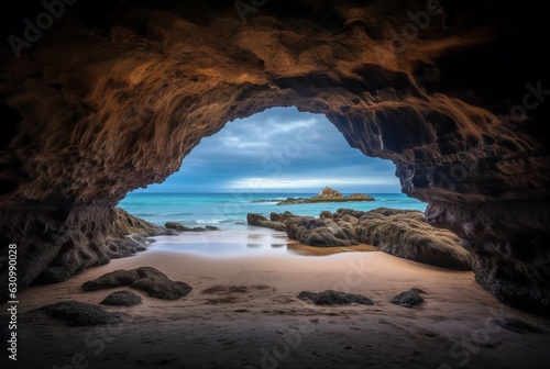 landscape view of the beauty of the beach from inside the cave. generative ai