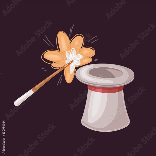 Cartoon vector illustration of Circus magician top hat and magic wand trick with sparkling light