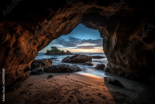 landscape view of the beauty of the beach from inside the cave. generative ai © LivroomStudio