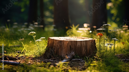 Tree stump foreground with summer forest photo