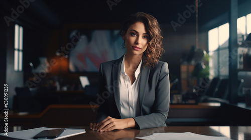 Young female office worker in a suit sitting at a desk in the workplace and looking at the camera