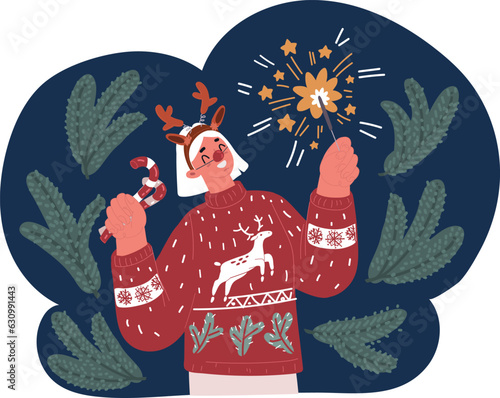 Cartoon vector illustration of Portrait of an excited happy girl wearing christmas deer costume celebrating christmas