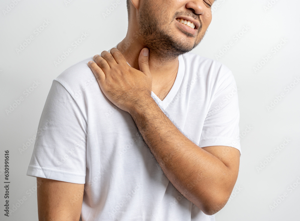Man has problem with structural posture Neck and shoulder pain. Massaged his neck and shoulders for relief. reduce muscle tension. Man has problem with structural posture Neck and shoulder pain. Massaged his neck and shoulders for relief. reduce muscle tension.