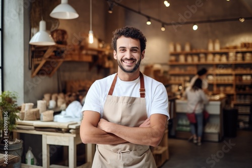 Happy man baking in bakery , AI Generative