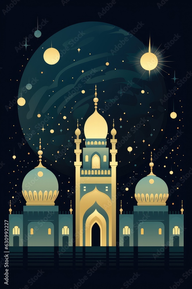 Generative AI of Vector illustrations of a holiday, Eid Mubarak, Eid al-Fitr and Ramadan. an evening mosque with a crescent moon, a muslim, a pattern for a greeting card, poster and background.