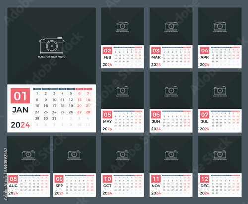 2024 Calendar template, planner, 12 pages, week starts on Monday, vector eps10 illustration
