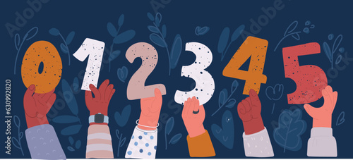 Hands showing simple Set of showing big numbers. Education, birhtday, celebrating achievements concept. Cartoon comic style. Ranking and voting. Math symbols. 1,2,3,4,5,6,0