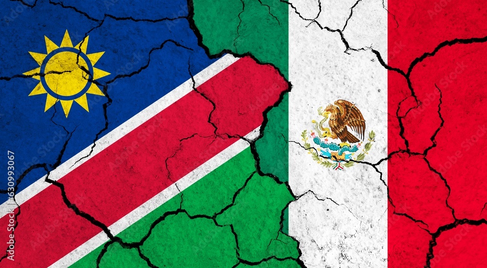 Flags of Namibia and Mexico on cracked surface - politics, relationship concept