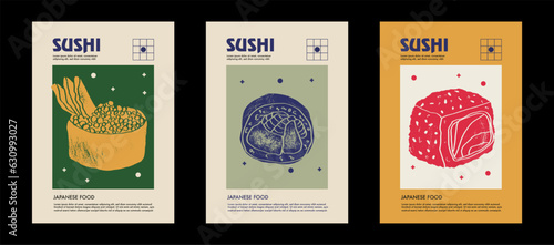 Japanese sushi set. Price tag or poster design. Set of vector illustrations. Typography. Engraving style. Labels, cover, t-shirt print, painting.