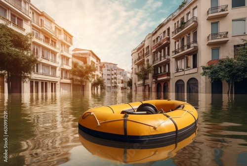 rubber boat in the middle of an urban area where a natural disaster occurred. generative ai photo