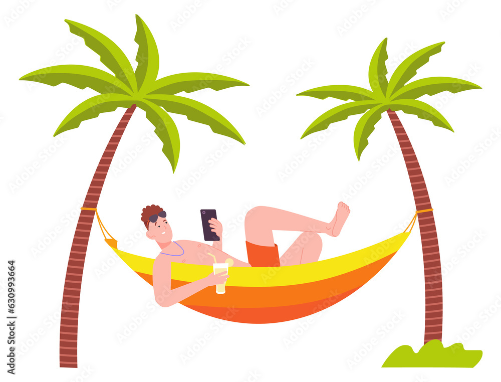 Man lay in hammock on palm beach. Summer rest