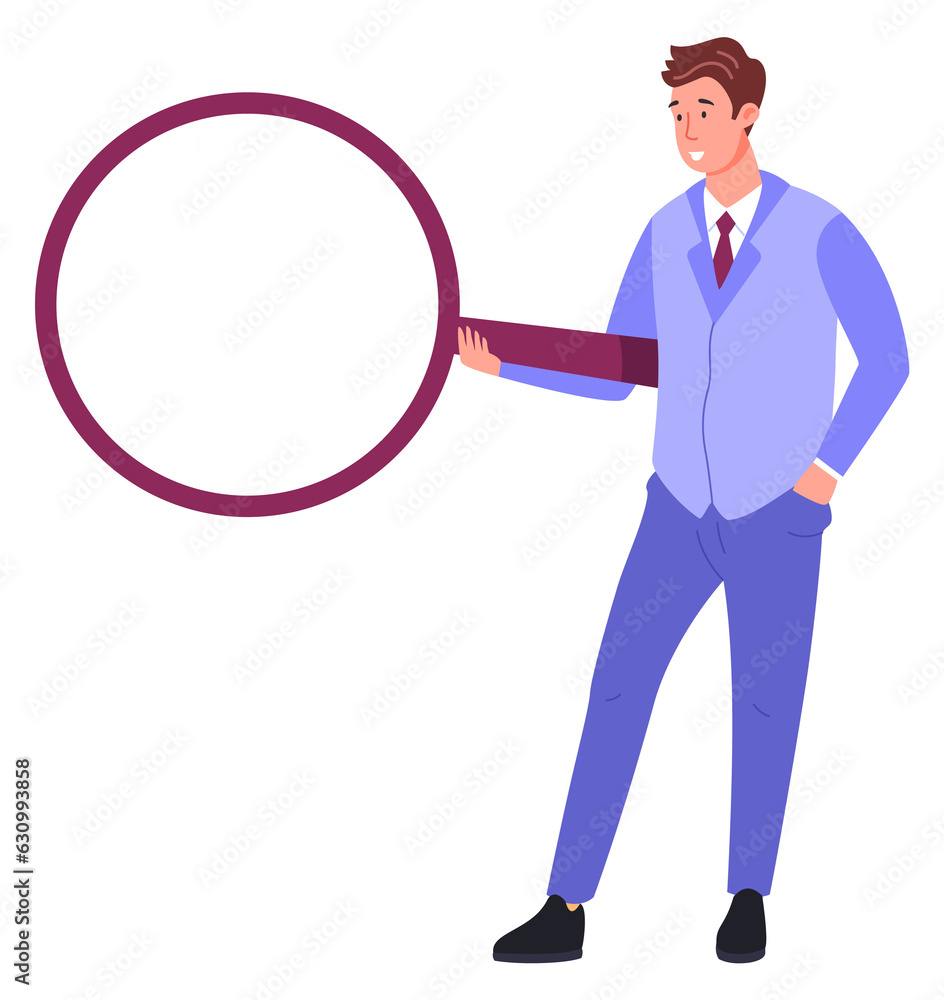 Man hold big magnify glass. Researcher character Man hold big magnify glass. Researcher character