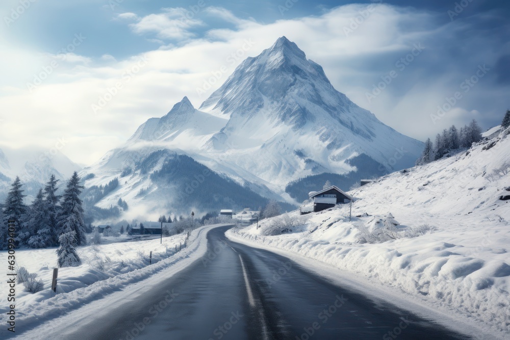 winter road and trees with snow and alps landscape. Generative Ai. winter road and trees with snow and alps landscape. Generative Ai.