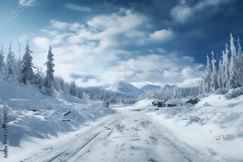 winter road and trees with snow and alps landscape. Generative Ai. © Kowit