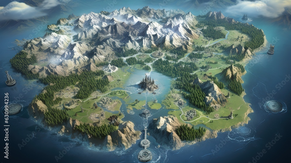 A map featuring a vast coastal kingdom with crystal blue waters and majestic elven castles. Generative AI