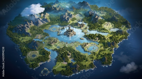 A map featuring a vast coastal kingdom with crystal blue waters and majestic elven castles. Generative AI