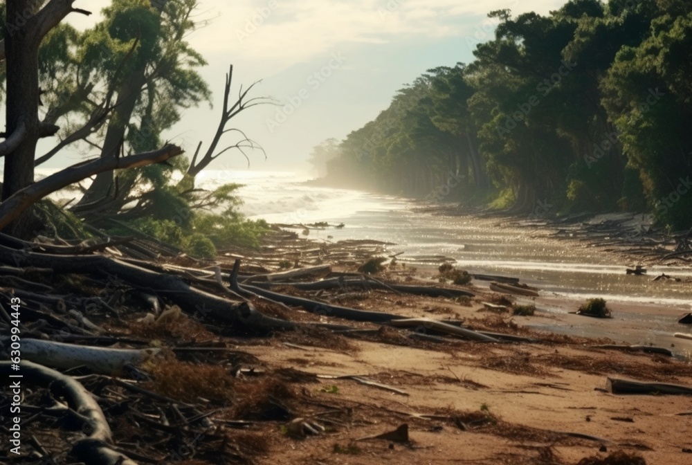 view of the beach with trees that have collapsed due to natural disasters. generative ai