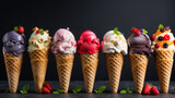 Various of ice cream flavor in cones on dark background. Blueberry, strawberry, vanilla, pistachio, chocolate, raspberry ice cream. 