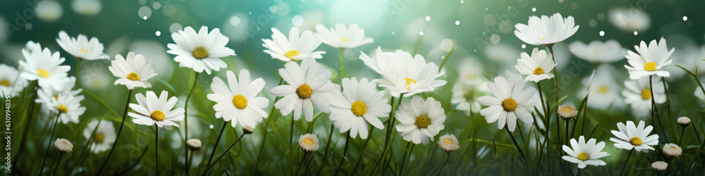 White daisies with green grass and leaves, in the style of bokeh panorama White daisies with green grass and leaves, in the style of bokeh panorama