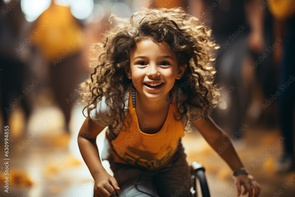 Happy and smiling young girl in wheelchair on the street of the city Happy and smiling young girl in wheelchair on the street of the city