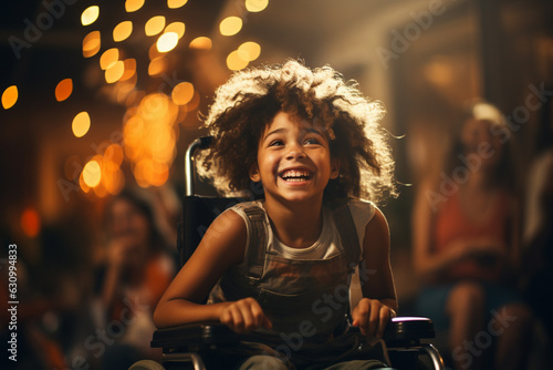 Happy and smiling young girl in wheelchair on the street of the city