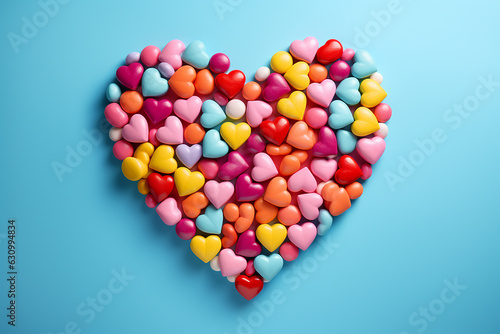 Heart Shape Made of Sweet Colorful Candies on Blue Background