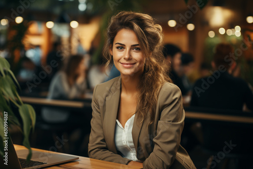 Portrait of beautiful businesswoman with laptop computer in cafe