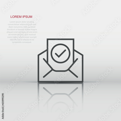 Envelope with confirmed document icon in flat style. Verify vector illustration on white isolated background. Receive business concept.