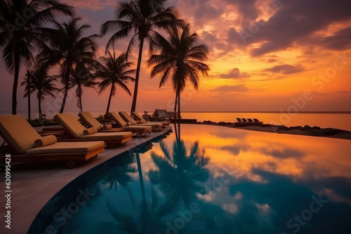 Beautiful sunset swimming pool in hotel resort , Silhouette luxury swimming pool with palm trees beach at night sunset time , Created with Generate Ai Technology