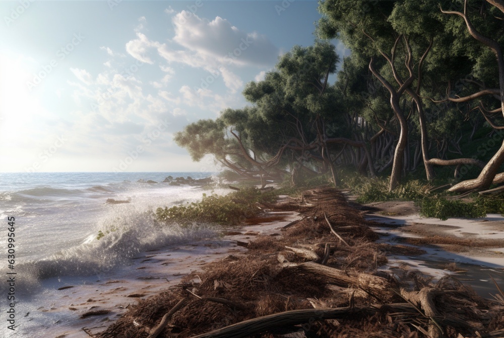 view of the beach with trees that have collapsed due to natural disasters. generative ai