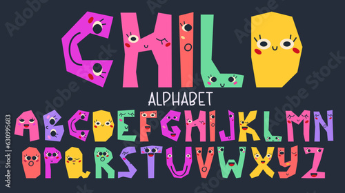 Font funky alphabet for kids with character. Playful font childich design. Cute letter funky type. Cartoon vector illustration. Happy comic bold style