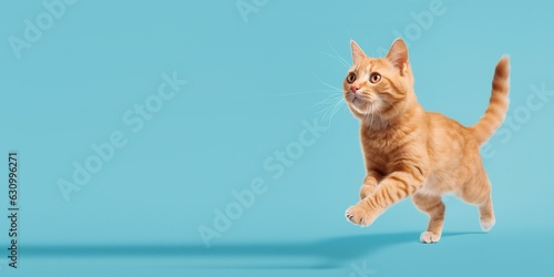 banner ginger orange cat looking up on a light blue background