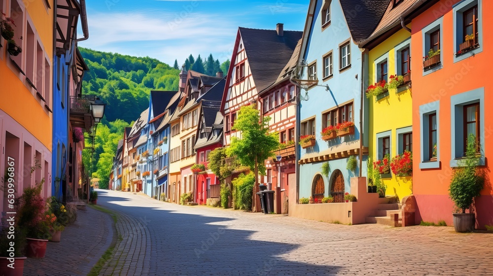 Fototapeta premium Colorful half-timbered houses in Miltenberg historical medieval Old Town, Bavaria, Germany generative ai