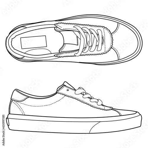 hand drawn sneakers, gym shoes, side and sole view. Image in different views - front, back, top, side, sole and 3d view. Doodle vector illustration.